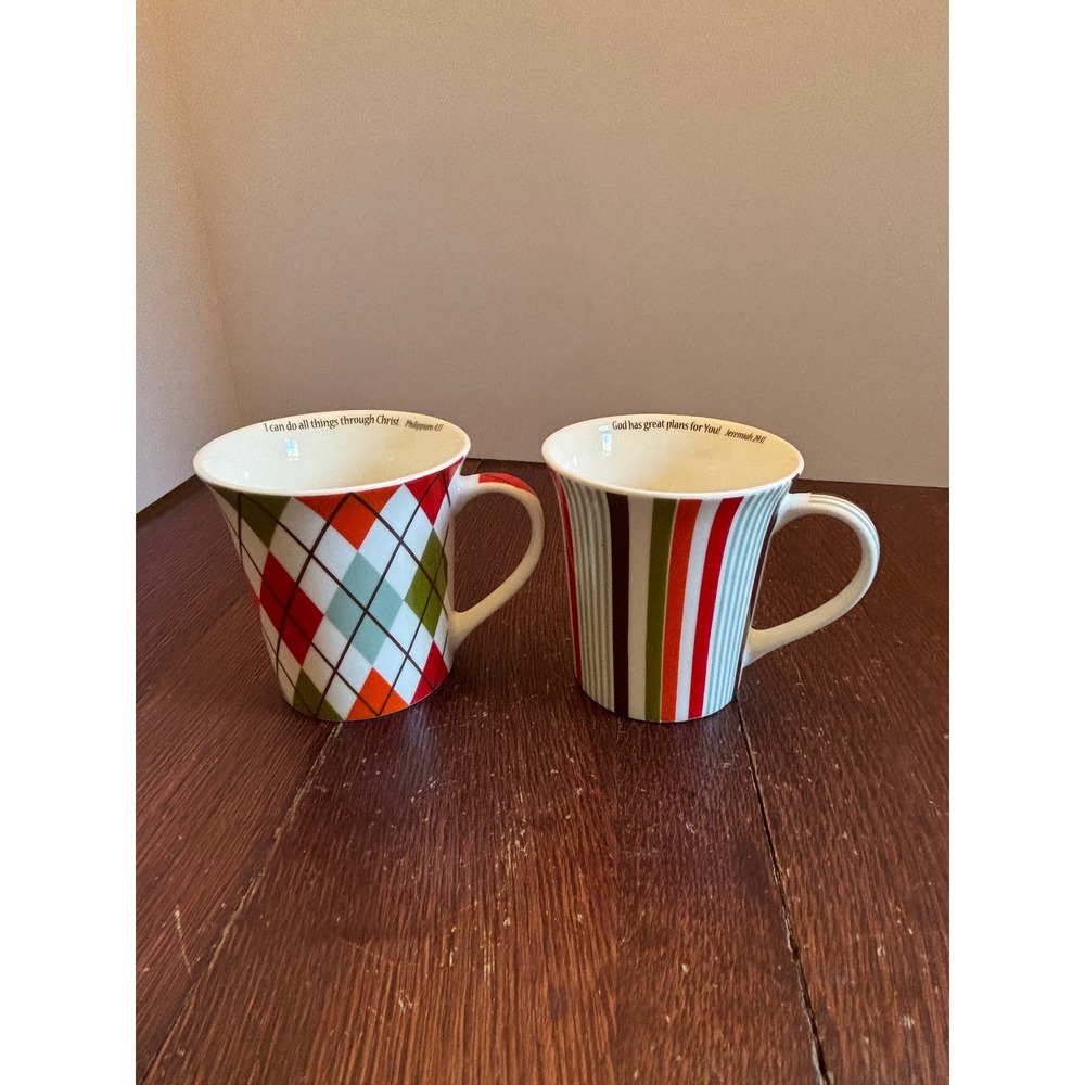 Dicksons Common Grounds Bone China Mug Set Argyle Stripe Religious Verses 2pc